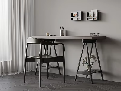 Modern Minimalist Desk With Chair Cup Pen Holder Vase With Flowers And Wall Shelves 3d model