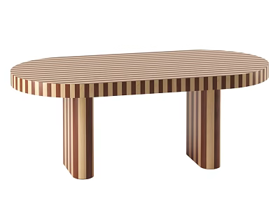 Wooden Striped Coffee Table With Oval Tabletop And Cylindrical Legs Design 3d model