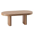Wooden Striped Coffee Table With Oval Tabletop And Cylindrical Legs Design
