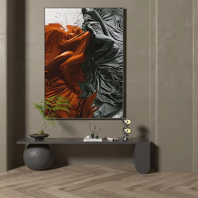 Abstract Painting In Textured Orange Dark Green Design For Minimalist Interior With Bench And Plant 3d model