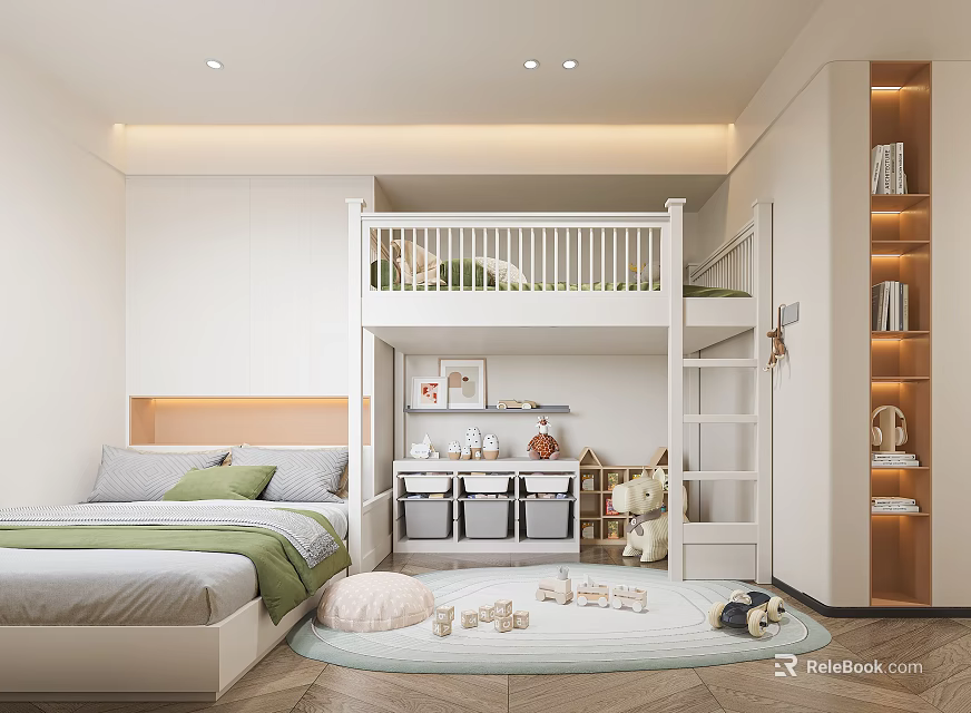 Kids Room Interior Design With Bunk Bed Storage Cabinets Wooden Blocks Toys And Bookshelf 3d model 