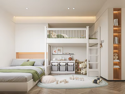 Kids Room Interior Design With Bunk Bed Storage Cabinets Wooden Blocks Toys And Bookshelf 3d model