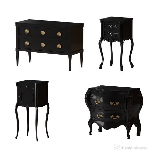 Elegant Black Entryway And Side Cabinets With Carved Details Curved Legs And Golden Hardware 3d model 