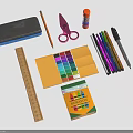 Assorted Stationery Items Including Pink Scissors Ruler Colorful Crayons Glue Pencil Case And Pens