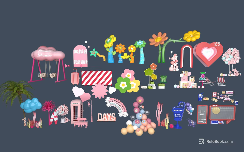 Colorful Kids Party Decorations With Cloud Swing Flowers Heart Rainbow And Balloons 3d model 