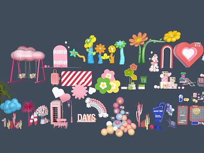 Colorful Kids Party Decorations With Cloud Swing Flowers Heart Rainbow And Balloons 3d model