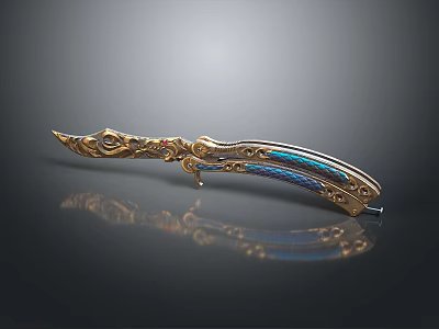 Intricately Carved Sculptural Dagger With Gold Decorative Patterns And Blue Inlays 3d model