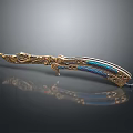 Intricately Carved Sculptural Dagger With Gold Decorative Patterns And Blue Inlays