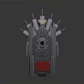 Ornate Metal Throne Chair With Red Cushion Swords Carvings And Chains