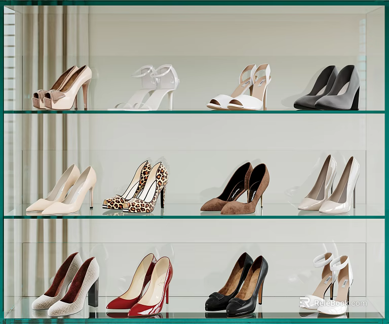 Fashionable High Heel Shoes in Various Styles and Colors on Glass Display Shelves 3d model 