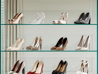 Fashionable High Heel Shoes in Various Styles and Colors on Glass Display Shelves 3d model