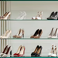 Fashionable High Heel Shoes in Various Styles and Colors on Glass Display Shelves