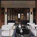 Restaurant Outdoor Dining Area With Wooden Pergola Tables Chairs Green Plants And Autumn Trees
