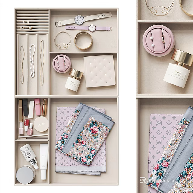 Elegant Modern Perfume Cosmetics Storage With Drawer Organizers Jewelry And Silk Scarves 3d model 