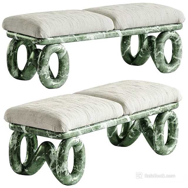 Elegant Sofa Bench With Green Marble Circular Ring Legs And Light Padded Seat 3d model 