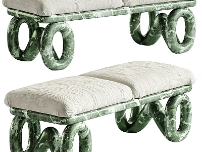 Elegant Sofa Bench With Green Marble Circular Ring Legs And Light Padded Seat 3d model