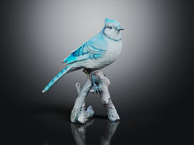 Blue Bird Perched On Textured Branch Against Dark Background With Reflection 3d model