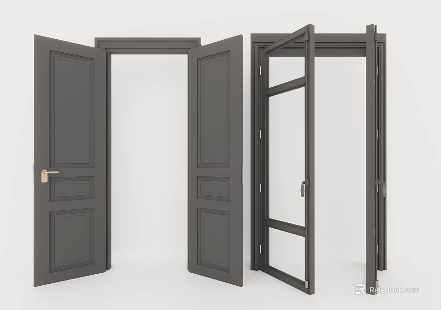 Double Doors In Gray With Solid Wood Frames And Glass Panel Details 3d model