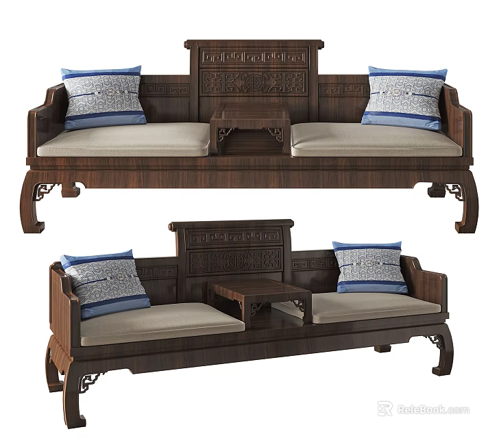 Traditional Chinese Luohan Bed With Carved Backrest Soft Cushions And Small Table Between Seats 3d model 
