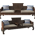Traditional Chinese Luohan Bed With Carved Backrest Soft Cushions And Small Table Between Seats
