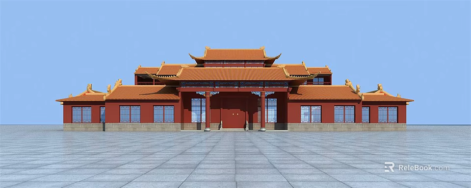 Ancient Chinese Architecture With Red Walls Yellow Roof Ornate Eaves Traditional Gate And Stone Pavement 3d model 