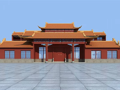 Ancient Chinese Architecture With Red Walls Yellow Roof Ornate Eaves Traditional Gate And Stone Pavement 3d model