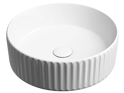 White Ceramic Countertop Washbasin With Vertical Ribbed Design And Central Drain 3d model