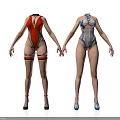 Women Wearing Stylish Red And Blue Striped Bodysuits With High Heels