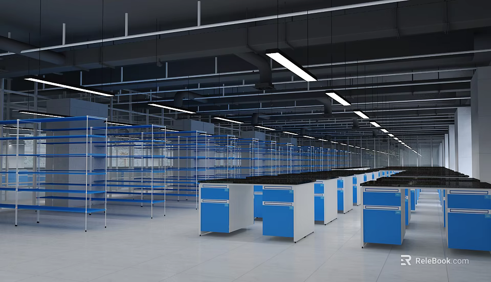 Large Laboratory Interior With Blue White Cabinets Metal Shelves Strip Lights And Bright White Tiled Floor 3d model 