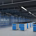 Large Laboratory Interior With Blue White Cabinets Metal Shelves Strip Lights And Bright White Tiled Floor