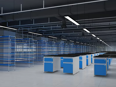Large Laboratory Interior With Blue White Cabinets Metal Shelves Strip Lights And Bright White Tiled Floor 3d model