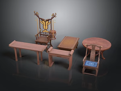 Traditional Chinese Wooden Furniture Including Chairs Tables Benches And Decorative Pieces 3d model
