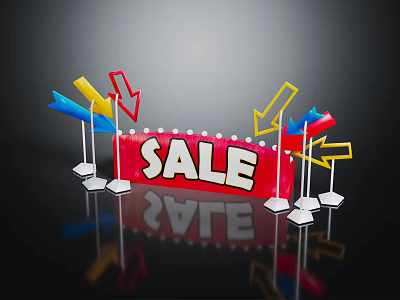 Vibrant Sale Sign with Colorful Arrows Lighting and Reflection on Black Background 3d model