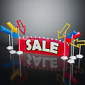Vibrant Sale Sign with Colorful Arrows Lighting and Reflection on Black Background