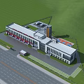 Modern Fire Station Building with Red Garage Doors and Blue Sky Background