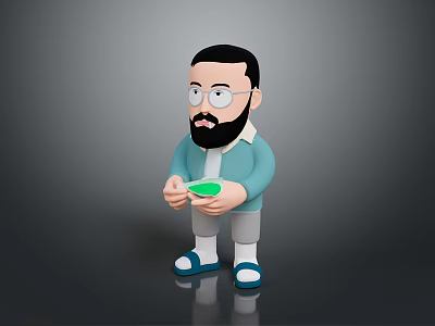 Bearded Man With Glasses Wearing Light Blue Jacket Green Inner Shirt Holding Green Bowl 3d model