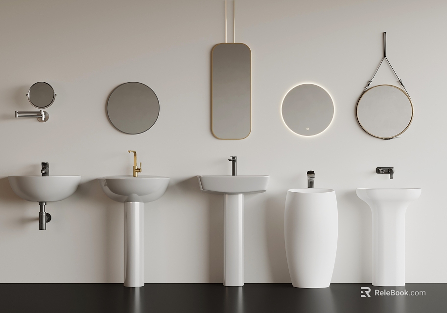 Modern Bathroom Mirrors With Various Shapes And White Pedestal Sinks 3d model 