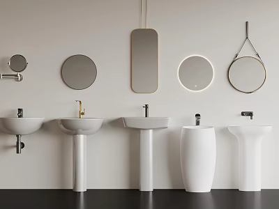 Modern Bathroom Mirrors With Various Shapes And White Pedestal Sinks 3d model Modern Bathroom Mirrors With Various Shapes And White Pedestal Sinks 3d model