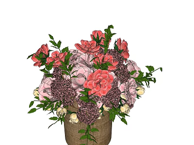 Colorful Floral Arrangement in Burlap Vase with Pink Roses Red Blooms and Green Leaves 3d model