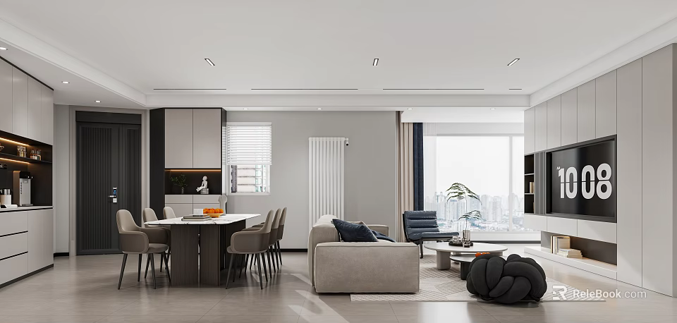 Modern Living Room Interior With Light Sofa Dining Table Chairs Large Window And Decor Items 3d model