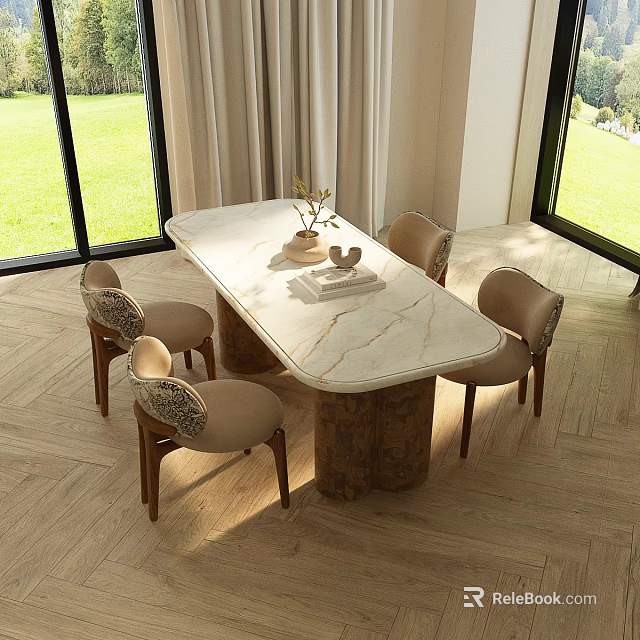 Modern Luxury Restaurant With Marble Tabletop Four Chairs Wooden Flooring And Natural Light 3d model 