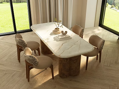 Modern Luxury Restaurant With Marble Tabletop Four Chairs Wooden Flooring And Natural Light 3d model