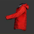 Red Puffer Jacket With Gray Hood And Front Zipper Open