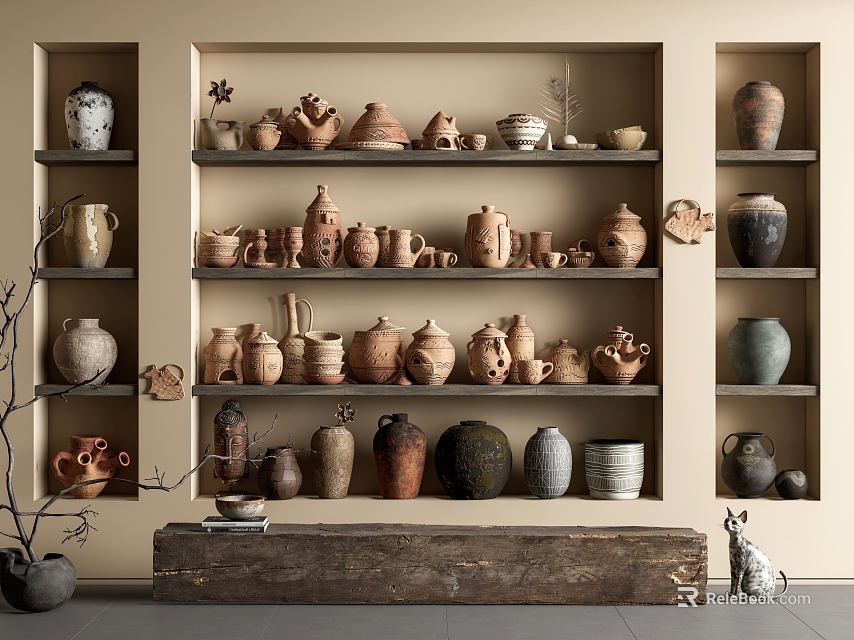Various Ceramic Vessels Displayed on Wooden Shelves with Pots Vases Teapots and Decorative Jars 3d model 