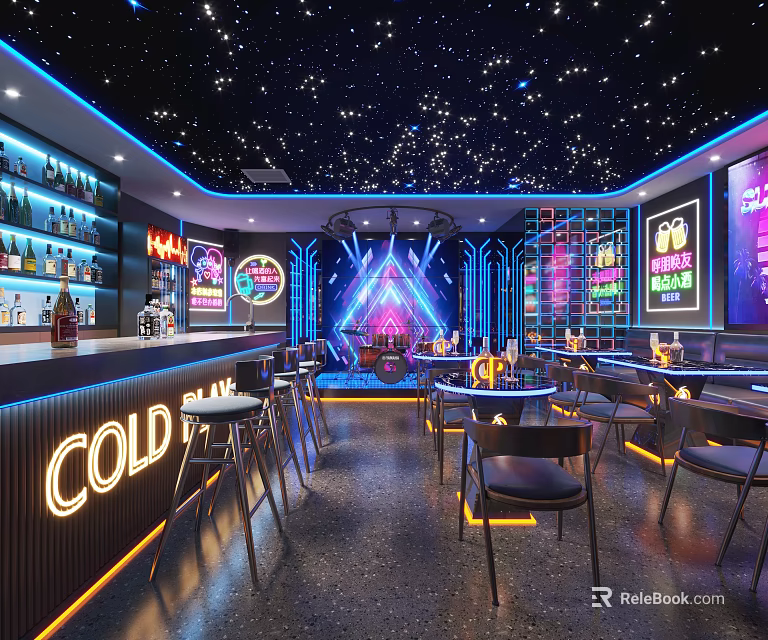 Modern Bar Interior With Neon Lights Starry Ceiling Bar Counter And Seating 3d model 