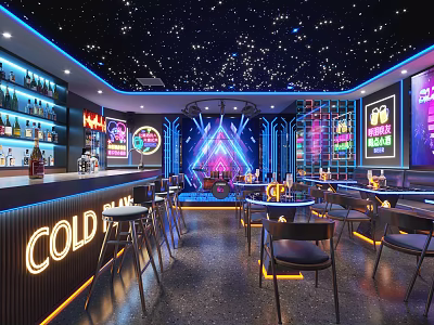Modern Bar Interior With Neon Lights Starry Ceiling Bar Counter And Seating 3d model