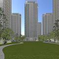 Modern High Rise Residential Buildings Exterior With Green Lawns Trees And Pathways