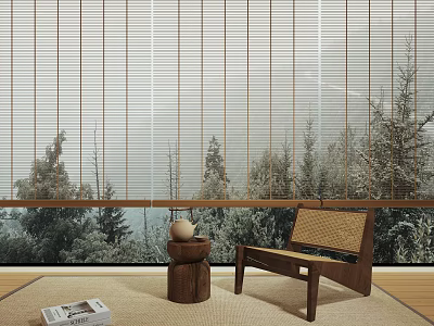 Minimalist Wooden Window Blinds Enhance Interior With Forest View And Cozy Wooden Furniture 3d model