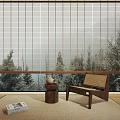 Minimalist Wooden Window Blinds Enhance Interior With Forest View And Cozy Wooden Furniture