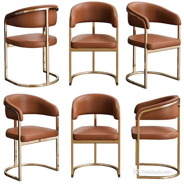 Elegant Modern Brown Leather Leisure Chairs With Gold Metal Frame And Stylish Design 3d model 